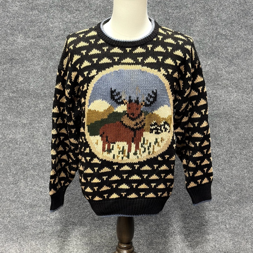 Vintage Northern Isles Sweater Mens XL Black Moose Knit Pullover Grandpa Core